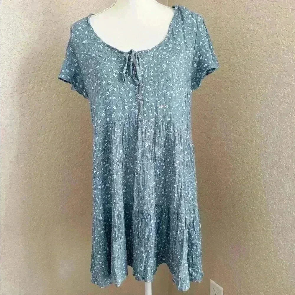 Dress Forum Los Angeles Blue Floral Swing Dress Size Medium Tier Ruffle Cottage